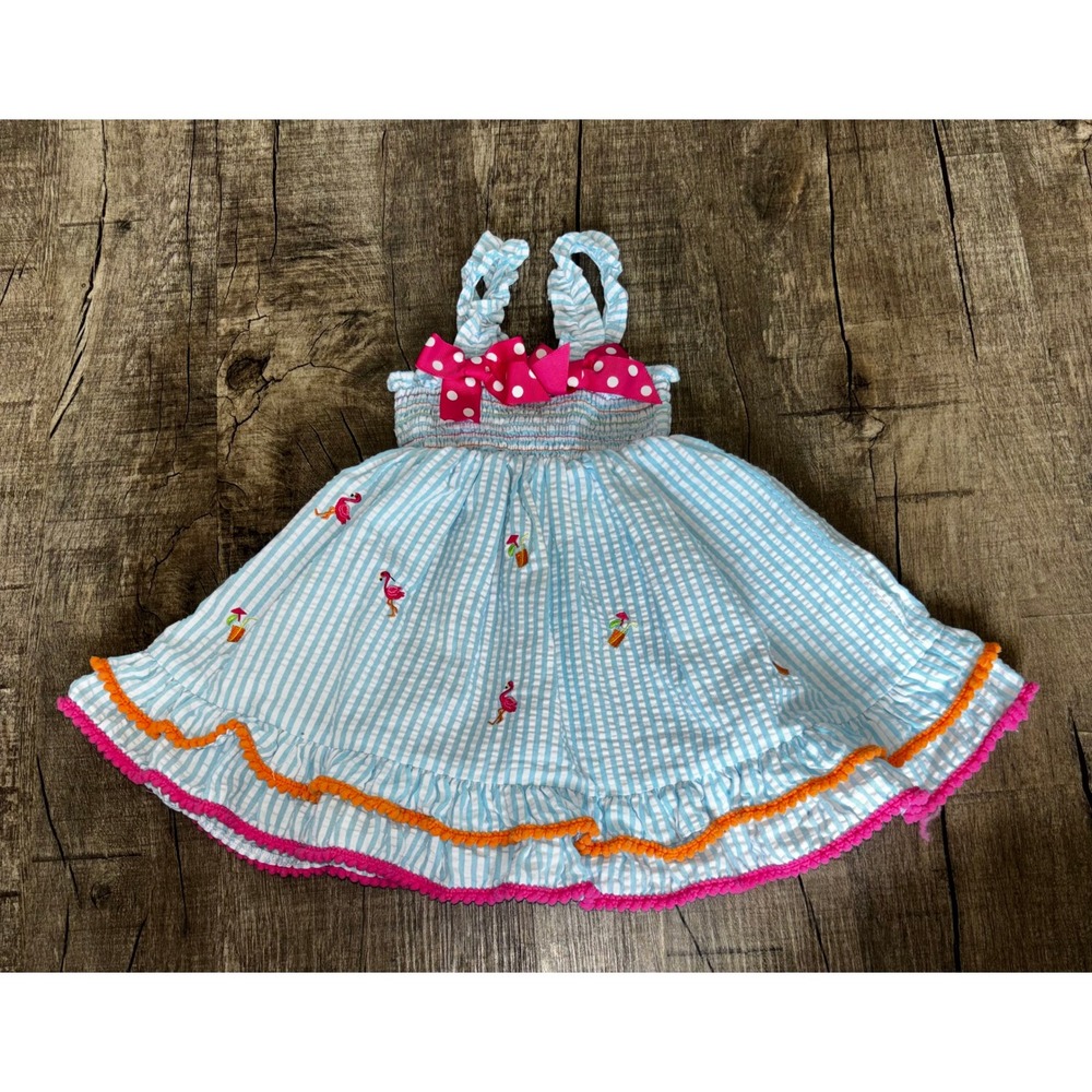 Good Lad Girls Blue White Seersucker‎ Flamingo Pom Pom Dress 18 Months